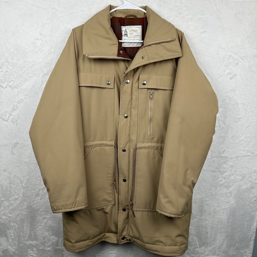 London Fog Mens 40 Reg Tan Field Jacket Plaid Lined Parka Coat Khaki Vintage 70s